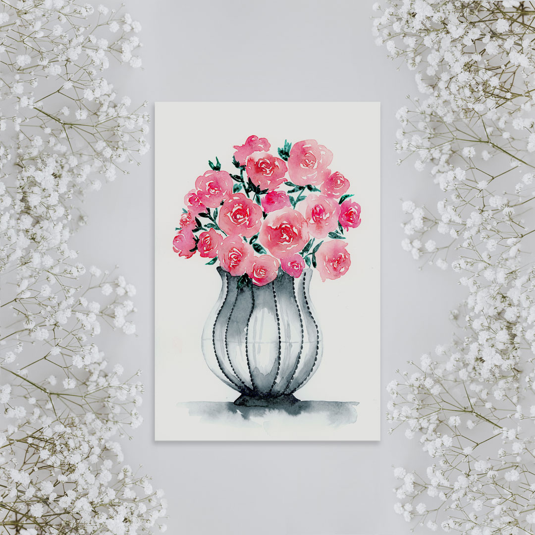 Bouquet de roses au vase gris