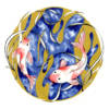 Illustration Carpes koi Illustration de deux carpes koï rouges et blanches nageant parmi des algues dorées sur un fond bleu nuit, style art traditionnel japonais