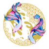 Illustration de deux poissons combattants aux nageoires bleues, roses et violettes, évoluant dans un cadre circulaire orné de motifs dorés en forme d'écailles, style art traditionnel asiatique