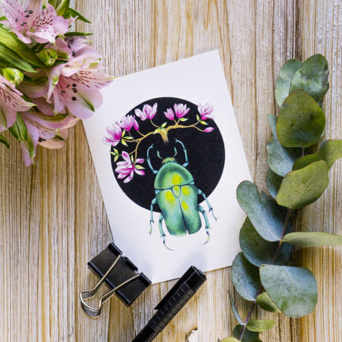 Carte illustrée Scarabée et magnolias 3 Carte illustrée d'un scarabée vert émeraude entouré de fleurs de magnolia roses, fond noir, style coloré et précis