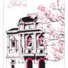 Illustration Lyon Praline Théâtre Célestins Illustration du théâtre des Célestins à Lyon, collection Lyon Praline, avec des magnolias en fleurs roses inspirés des jardins japonais et une façade néoclassique
