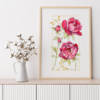 Affiche murale Ikebana Pivoines Affiche murale illustrée de pivoines roses et rouges en aquarelle, fond blanc, cadre doré, style floral vibrant