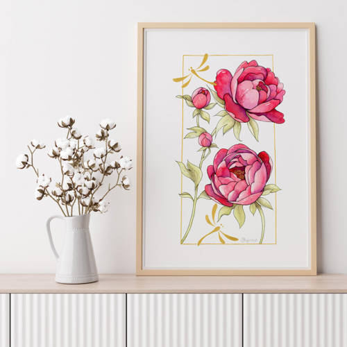 Affiche murale Ikebana Pivoines Affiche murale illustrée de pivoines roses et rouges en aquarelle, fond blanc, cadre doré, style floral vibrant