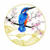 Illustration Martin pêcheur Fleurs de cerisier Illustration d'un martin-pêcheur bleu et orange perché sur une branche de cerisier en fleurs roses, avec des motifs de vagues dorées en arrière-plan, style art japonais