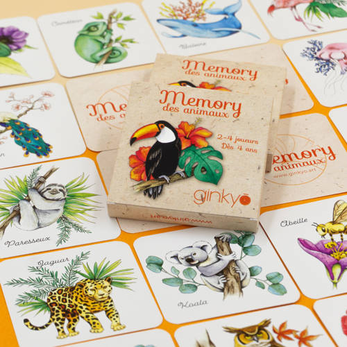 Jeu Memory des animaux avec des cartes illustrées de toucan, koala, dromadaires et autres animaux, jeu éducatif pour enfants dès 4 ans