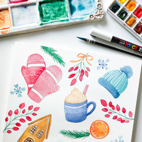 Ambiance d'hiver à l'aquarelle