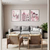 Trois affiches murales illustrées, issues de la collection Lyon Praline, représentant Fourvière, le Grand Hôtel-Dieu de Lyon et le musée Lumière dans des tons roses sur fond blanc
