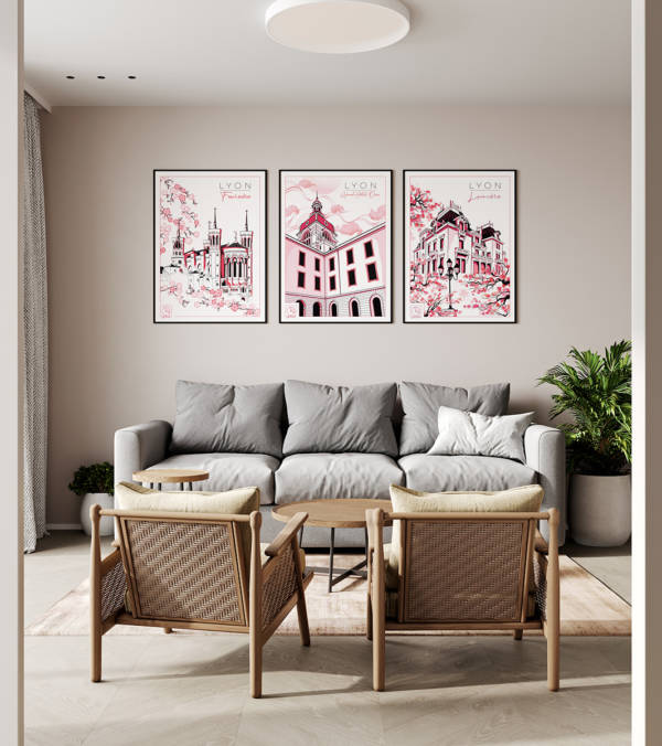 Trois affiches murales illustrées, issues de la collection Lyon Praline, représentant Fourvière, le Grand Hôtel-Dieu de Lyon et le musée Lumière dans des tons roses sur fond blanc