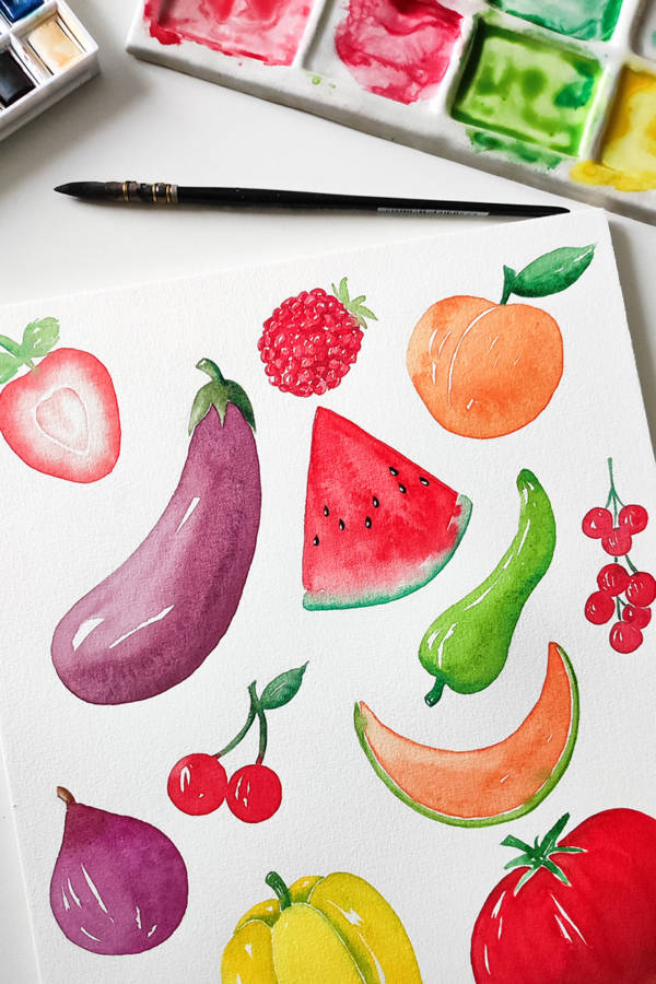 Fruits et légumes de saison à l'aquarelle