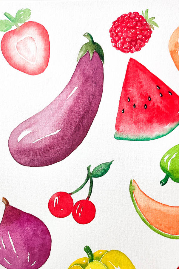 Fruits et légumes de saison à l'aquarelle