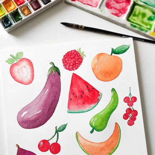 Fruits et légumes de saison à l'aquarelle