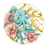 Carte illustrée d'un poulpe turquoise entouré de pivoines roses et de motifs japonais dorés, style aquarelle, fond blanc