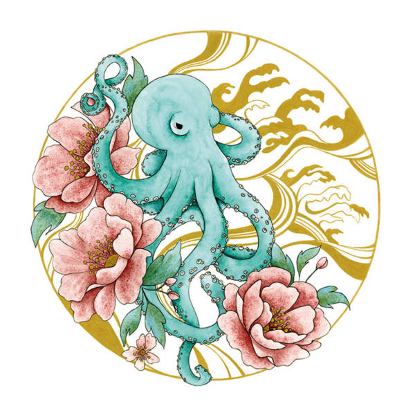 Carte illustrée d'un poulpe turquoise entouré de pivoines roses et de motifs japonais dorés, style aquarelle, fond blanc
