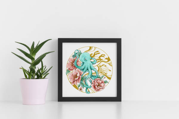 Affiche murale d'un poulpe turquoise entouré de pivoines roses et de motifs japonais dorés, style aquarelle, fond blanc, décoration marine et florale