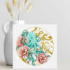 Carte illustrée d'un poulpe turquoise entouré de pivoines roses et de motifs japonais dorés, style aquarelle, fond blanc