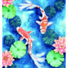 Affiche murale Carpes aux nénuphars 1 Affiche murale de carpes koï rouges et blanches parmi des nénuphars verts et des lotus roses, style aquarelle, fond bleu texturé, décoration zen