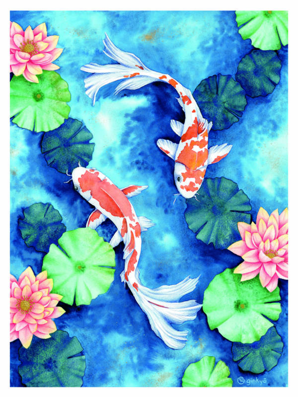 Affiche murale Carpes aux nénuphars 1 Affiche murale de carpes koï rouges et blanches parmi des nénuphars verts et des lotus roses, style aquarelle, fond bleu texturé, décoration zen