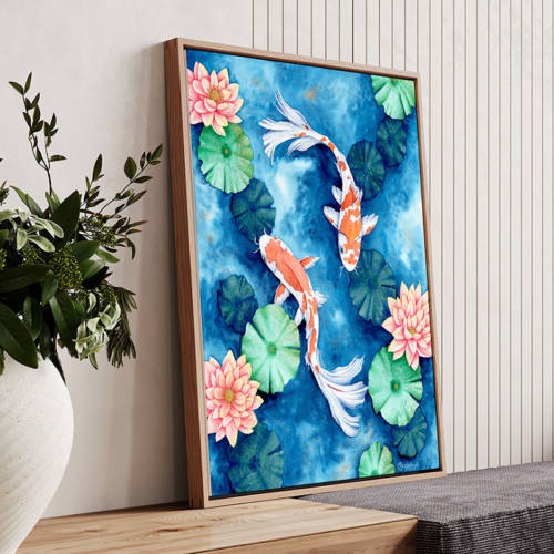 Affiche murale de carpes koï rouges et blanches parmi des nénuphars verts et des lotus roses, style aquarelle, fond bleu texturé, décoration zen