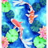 Carte illustrée de deux carpes koï rouges et blanches nageant parmi des nénuphars verts et des lotus roses, style aquarelle, fond bleu