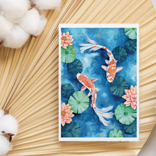 Carte illustrée Carpes aux nénuphars 2 Carte illustrée de deux carpes koï rouges et blanches nageant parmi des nénuphars verts et des lotus roses, style aquarelle, fond bleu