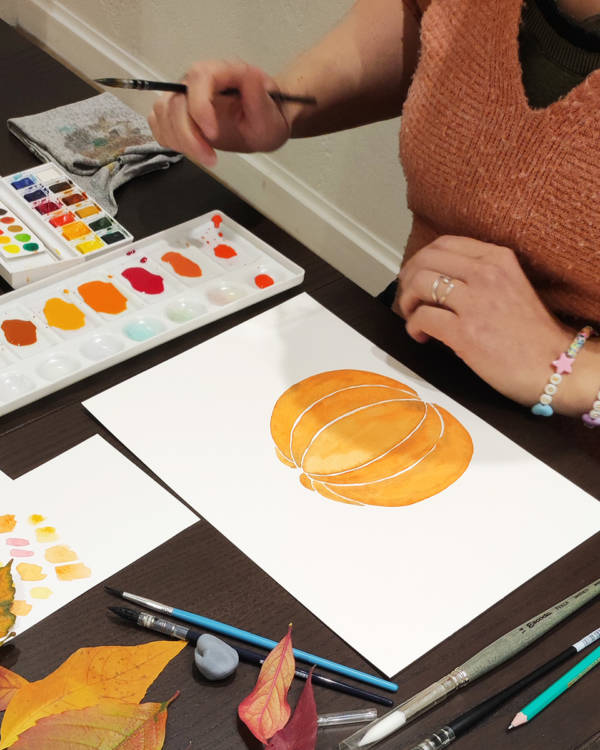 Atelier citrouille 2 Citrouille et couleurs d'automne à l'aquarelle