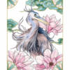 Affiche murale Héron bleu et magnolias 2 Affiche murale d'un héron aux plumes bleutées et grises entouré de magnolias roses et de motifs asiatiques, style aquarelle, fond blanc, décoration florale