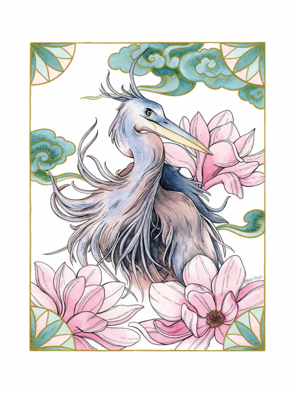 Affiche murale Héron bleu et magnolias 2 Affiche murale d'un héron aux plumes bleutées et grises entouré de magnolias roses et de motifs asiatiques, style aquarelle, fond blanc, décoration florale